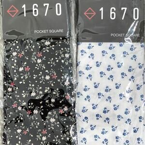 2pc Set 1670 Cotton Pocket Square - Black Mini Floral - White Blue Floral - $30